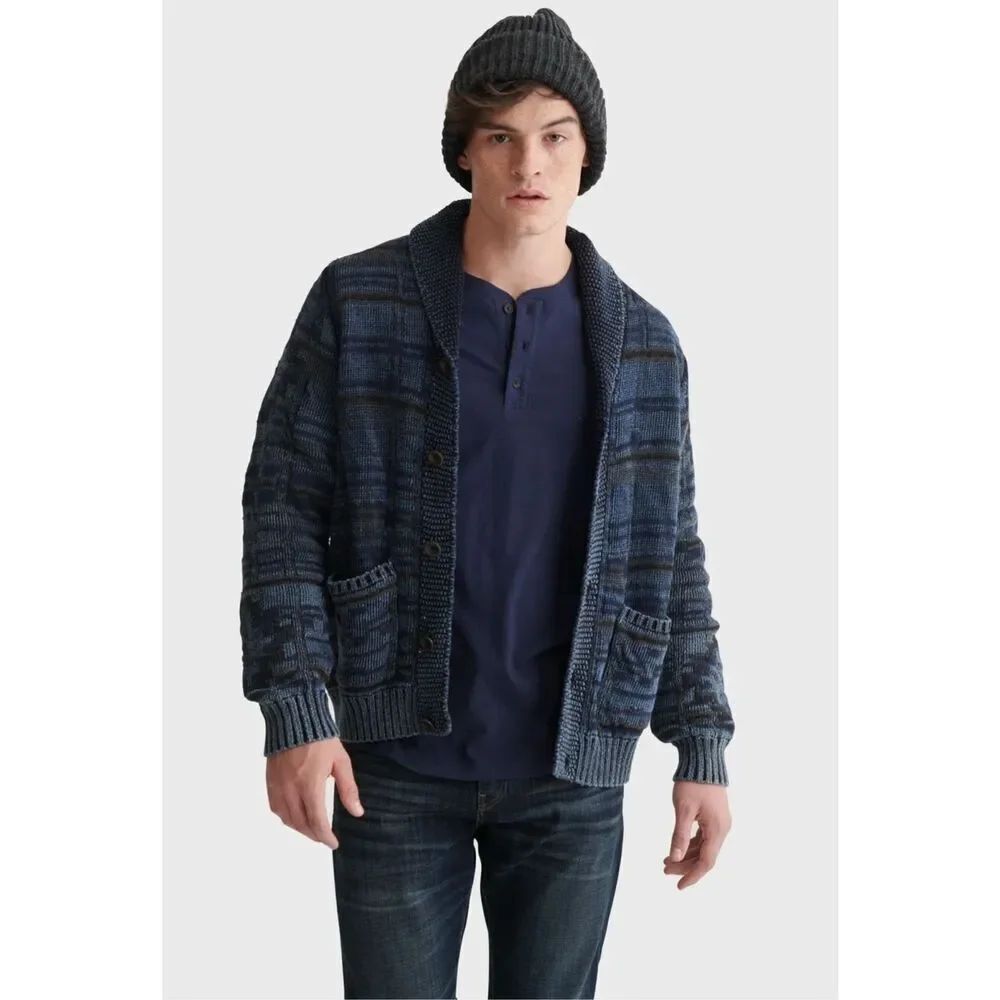 Lucky Brand Indiigo pattern shawl sweater cotton wool blend L